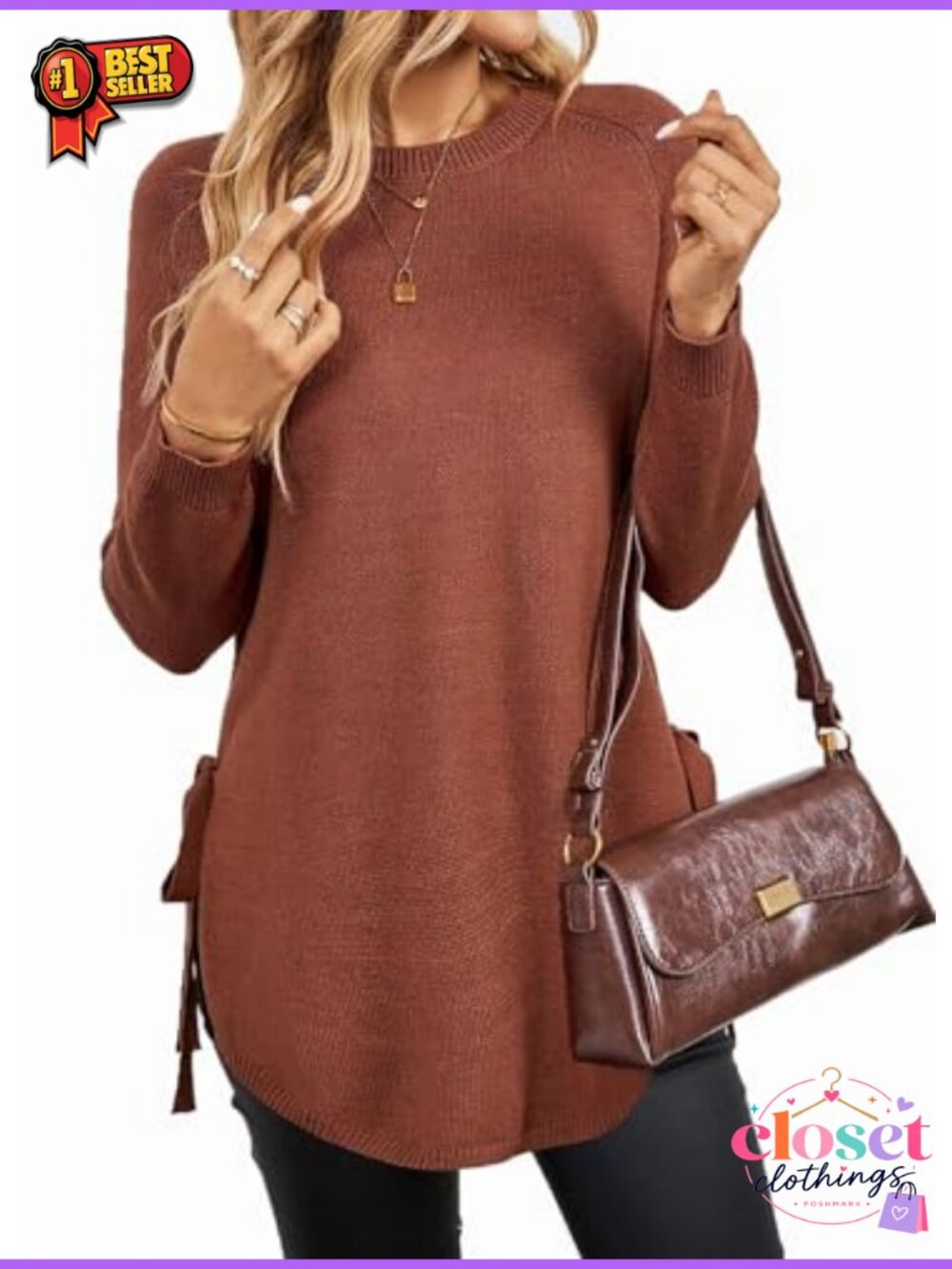 Womens Long Sleeve Tunic Sweater Bow Tie Side Slit Knit Pullover